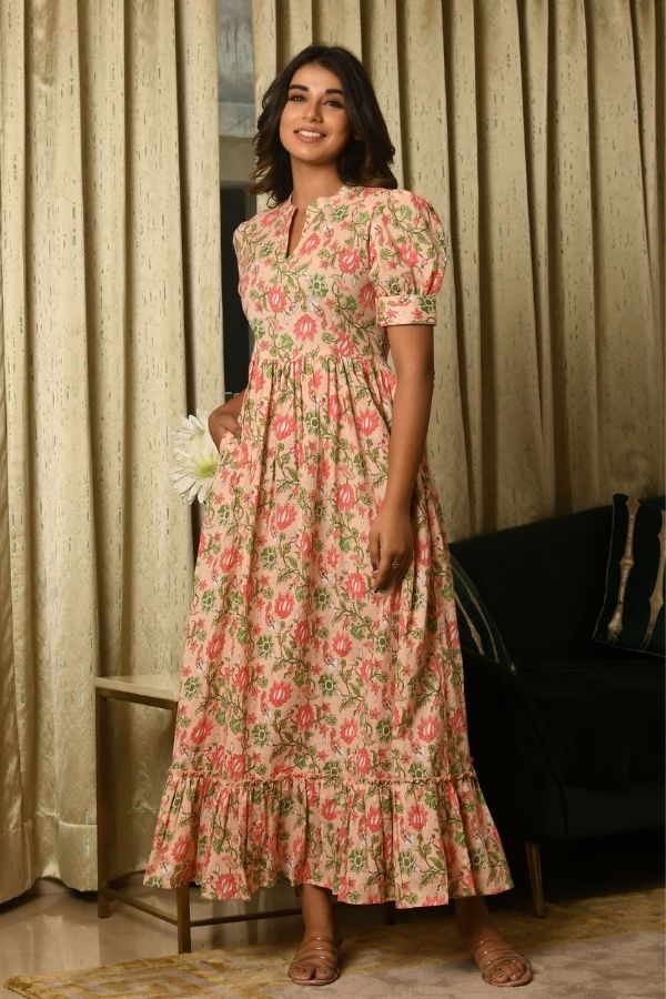 Printed Light gren One piece dress long party wear Below knee length, 3/4th  Sleeves at Rs 1160/piece in Surat